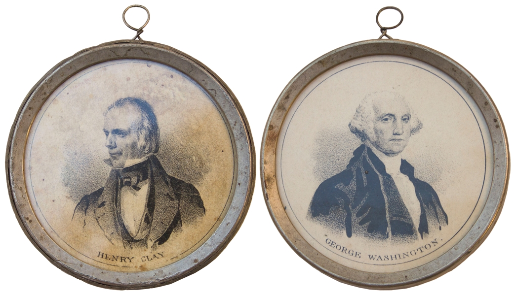 Rare 1844 Presidential Campaign Metal Featuring Whig Henry Clay & George Washington on Reverse -- With Pewter Rim Measuring 2.5''